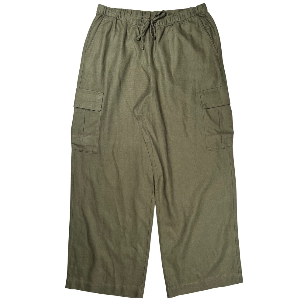 Gap Cargo Pants Women Large Tall Olive Green Linen Blend Wide Leg Pull On Casual